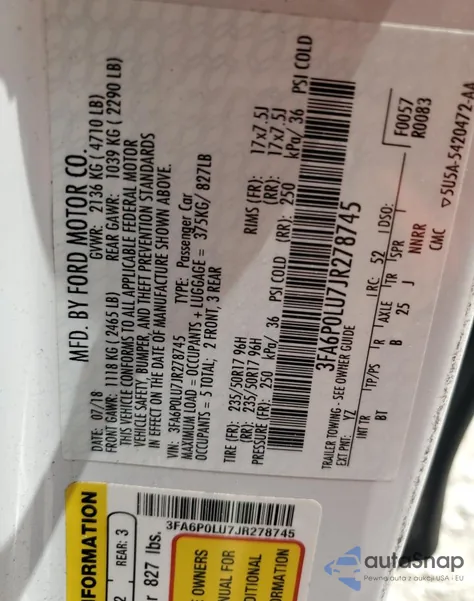 2018 Ford Fusion Se Hybrid из США, поврежденный, VIN 3FA6P0LU7JR278745